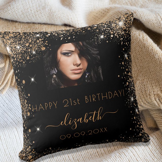 Birthday black custom photo gold glitter monogram cushion (Creator Uploaded)