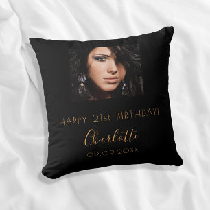 Birthday black custom photo name script cushion