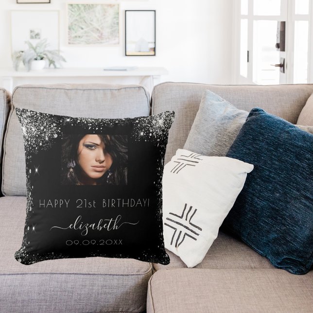 Birthday black custom photo silver glitter name cushion (Creator Uploaded)