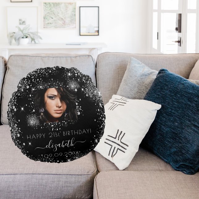 Birthday black custom photo silver glitter name  round cushion (Creator Uploaded)