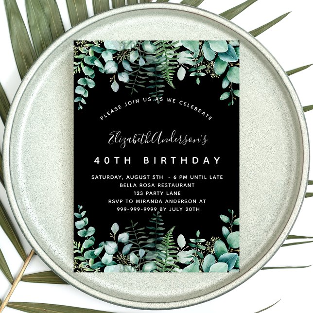Birthday black eucalyptus greenery woodland luxury invitation (Creator Uploaded)