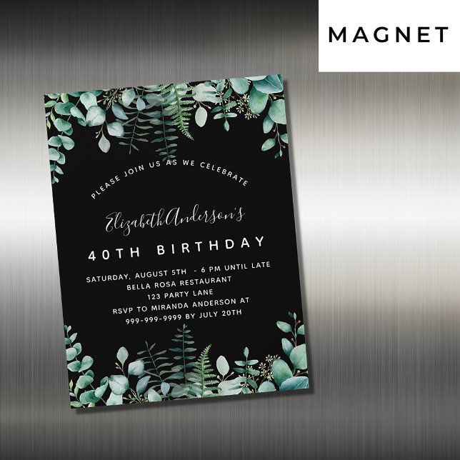 Birthday black eucalyptus greenery woodland luxury magnetic invitation (Creator Uploaded)