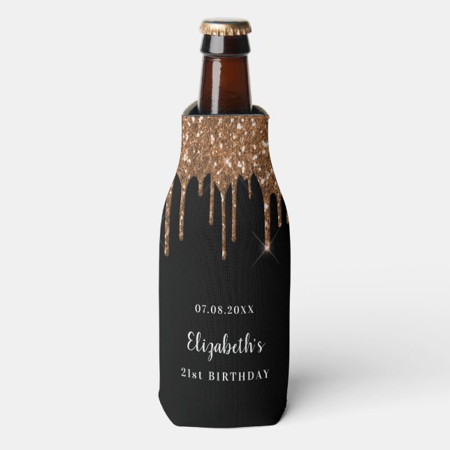 Birthday black glitter drips gold monogram bottle cooler (Bottle Front)