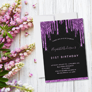 Birthday black glitter drips purple modern chic invitation