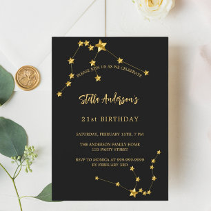 Birthday black gold Aquarius star constellation Invitation