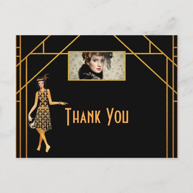 Birthday black gold art deco Photo Thank you Postcard (Front)
