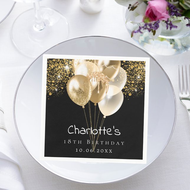 Birthday black gold balloons glitter napkin (Creator Uploaded)