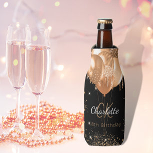 Birthday black gold balloons monogram name bottle cooler