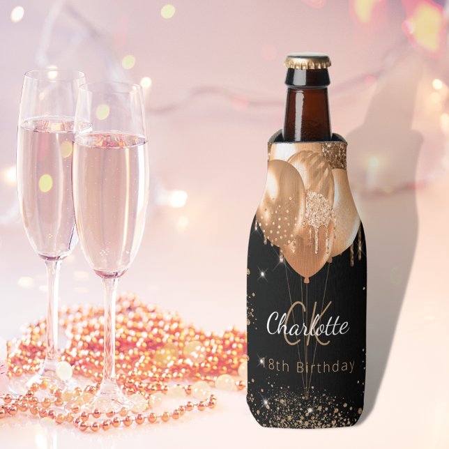 Birthday black gold balloons monogram name bottle cooler (Creator Uploaded)