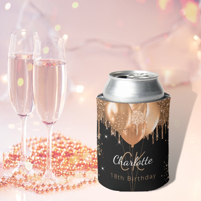 Birthday black gold balloons monogram name can cooler (Creator Uploaded)