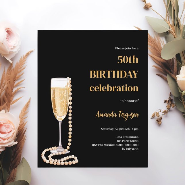 Birthday black gold bubbly wine pearls invitation (Creator Uploaded)