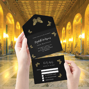 Birthday black gold butteflies party RSVP All In One Invitation