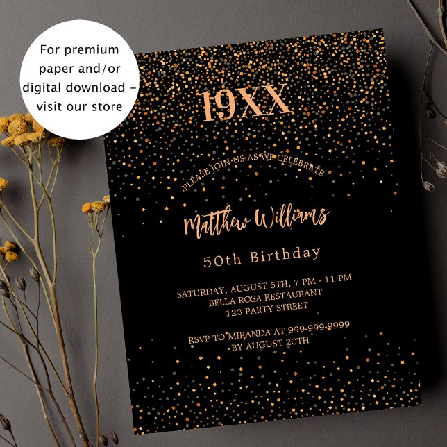 Birthday black gold confetti budget invitation flyer (Creator Uploaded)