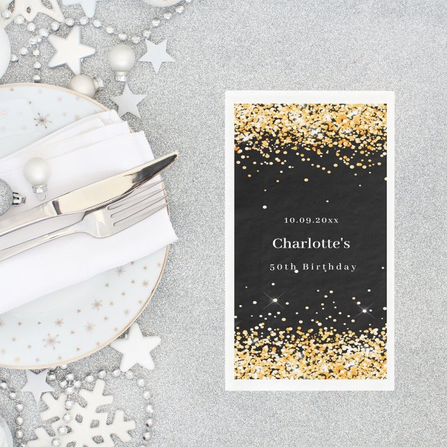 Birthday black gold confetti name napkin (Creator Uploaded)