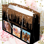 Birthday black gold custom photo glitter monogram large gift bag<br><div class="desc">For a 50th (or any age) birthday.  An elegant black background. With faux gold glitter drips,  paint dripping look.  Personalise and add 3 of your own photos,  a date,  name and age 50. Golden text. The name is written wit a modern hand lettered style script.</div>