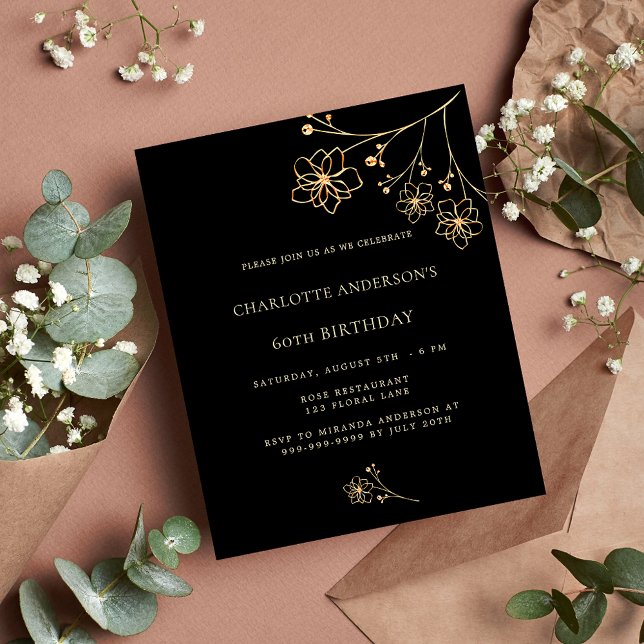 Birthday black gold floral budget invitation (Creator Uploaded)