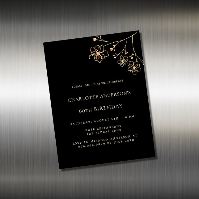 Birthday black gold floral magnet invitation (Creator Uploaded)
