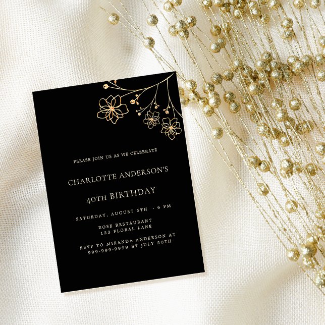Birthday black gold floral minimalist elegant invitation (Creator Uploaded)