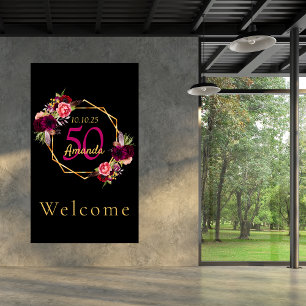 Birthday black gold geometric florals burgundy poster