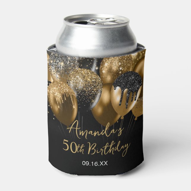 Birthday black gold glitter balloons can cooler (Can Front)
