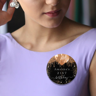 Birthday black gold glitter balloons name 3 cm round badge
