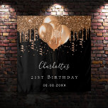 Birthday black gold glitter balloons name tapestry<br><div class="desc">For an elegant 21st (or any age) birthday party. A classic black background. Decorated with dark faux gold glitter drips, paint dripping look, confetti and balloons. Personalise and add a name, text/age and a date. Can be used as a welcome banner, wall decor for the party or as a photo...</div>