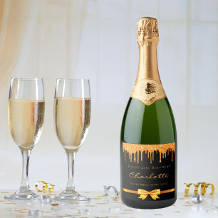 Birthday black gold glitter drip monogram name sparkling wine label