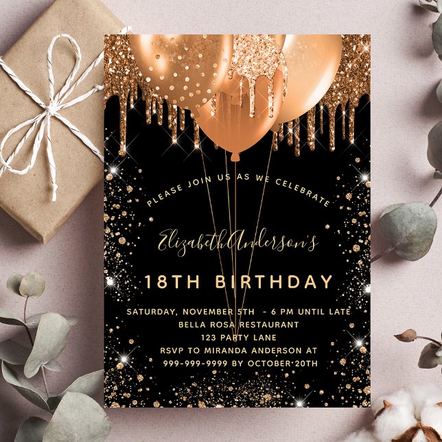 Birthday black gold glitter drips balloons invitation (Creator Uploaded)