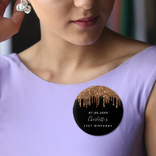 Birthday black gold glitter drips custom monogram 3 cm round badge