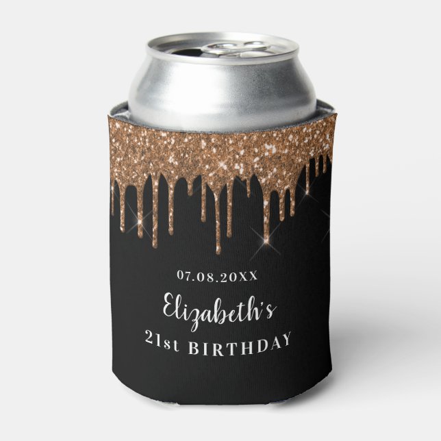 Birthday black gold glitter drips monogram  can cooler (Can Front)