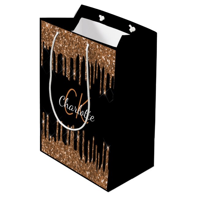 Birthday black gold glitter drips monogram luxury  medium gift bag (Back Angled)