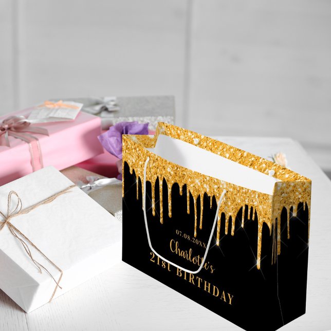 Birthday black gold glitter drips name elegant large gift bag (Creator Uploaded)