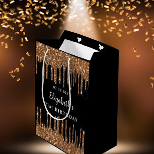 Birthday black gold glitter drips name glamourous medium gift bag