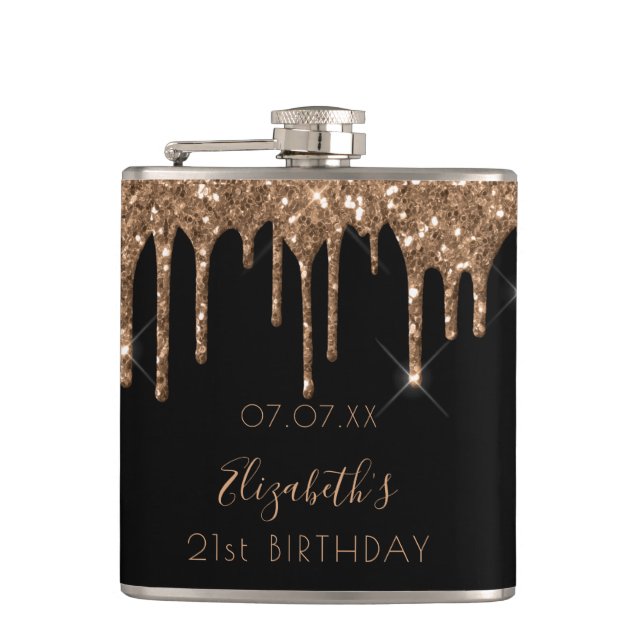 Birthday black gold glitter drips name hip flask (Front)