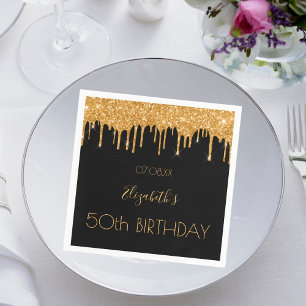 Birthday black gold glitter drips name napkin