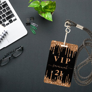 Birthday black gold glitter drips vip invitation ID badge