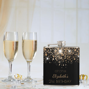 Birthday black gold glitter dust friends hip flask