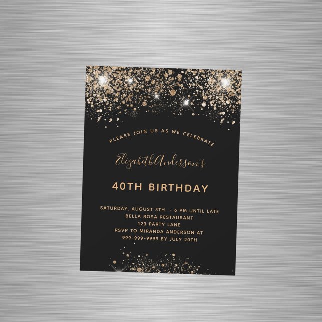 Birthday black gold glitter dust magnet invitation (Creator Uploaded)