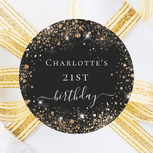 Birthday black gold glitter dust monogram name  classic round sticker