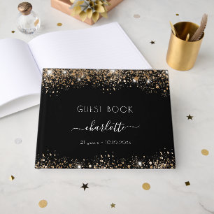 Birthday black gold glitter dust monogram name guest book