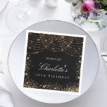 Birthday black gold glitter dust name elegant glam napkin<br><div class="desc">For a glamourous 50th (or any age) birthday party. A stylish black background. Decorated with faux gold glitter dust and alight strings.  Personalise and add a name and age 50. The name is written with a modern hand lettered style script.</div>