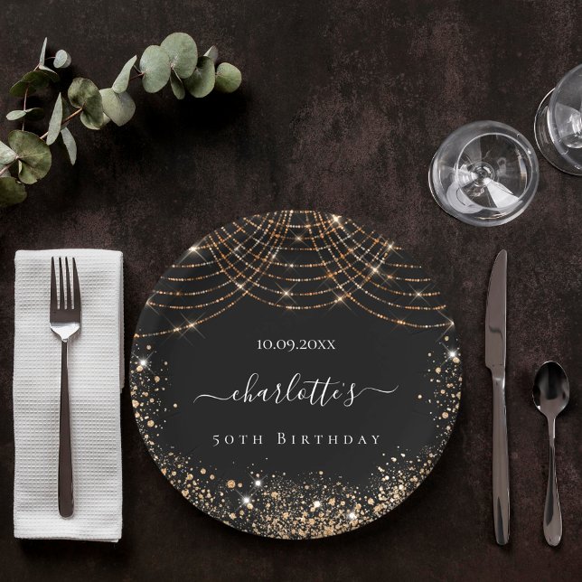 Birthday black gold glitter dust name script paper plate (Creator Uploaded)
