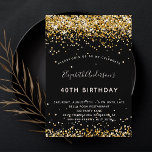 Birthday black gold glitter glamourous invitation<br><div class="desc">A modern,  stylish and glamourous invitation for a 40th (or any age) birthday party.  A black background decorated with faux gold glitter dust. The name is written with a modern hand lettered style script.  Personalise and add your party details.</div>