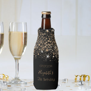 Birthday black gold glitter monogram chic bottle cooler