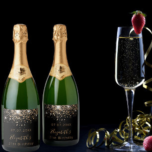 Birthday black gold glitter monogram chic  sparkling wine label