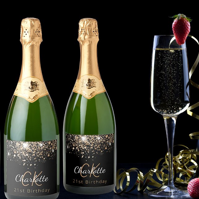 Birthday black gold glitter monogram initials sparkling wine label (Creator Uploaded)