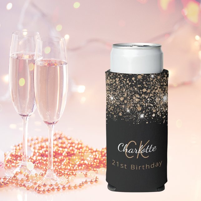 Birthday black gold glitter monogram name seltzer can cooler (Creator Uploaded)