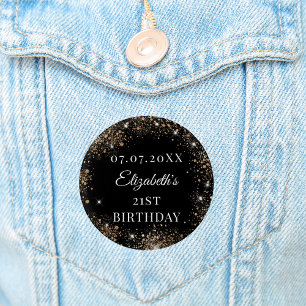 Birthday black gold glitter name date 3 cm round badge