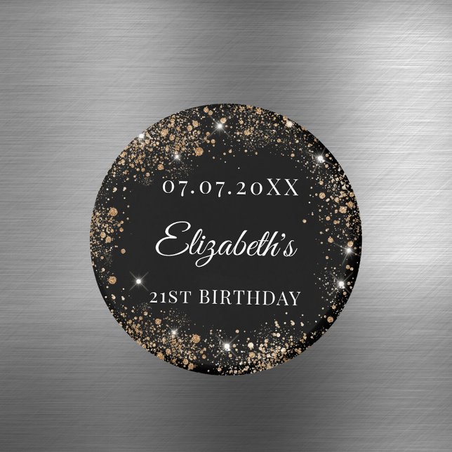 Birthday black gold glitter name date magnet (Creator Uploaded)