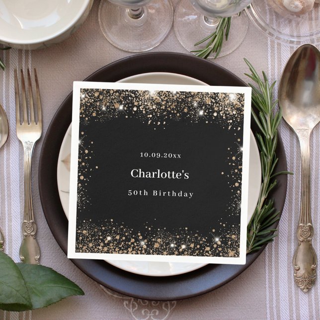 Birthday black gold glitter name napkin (Creator Uploaded)